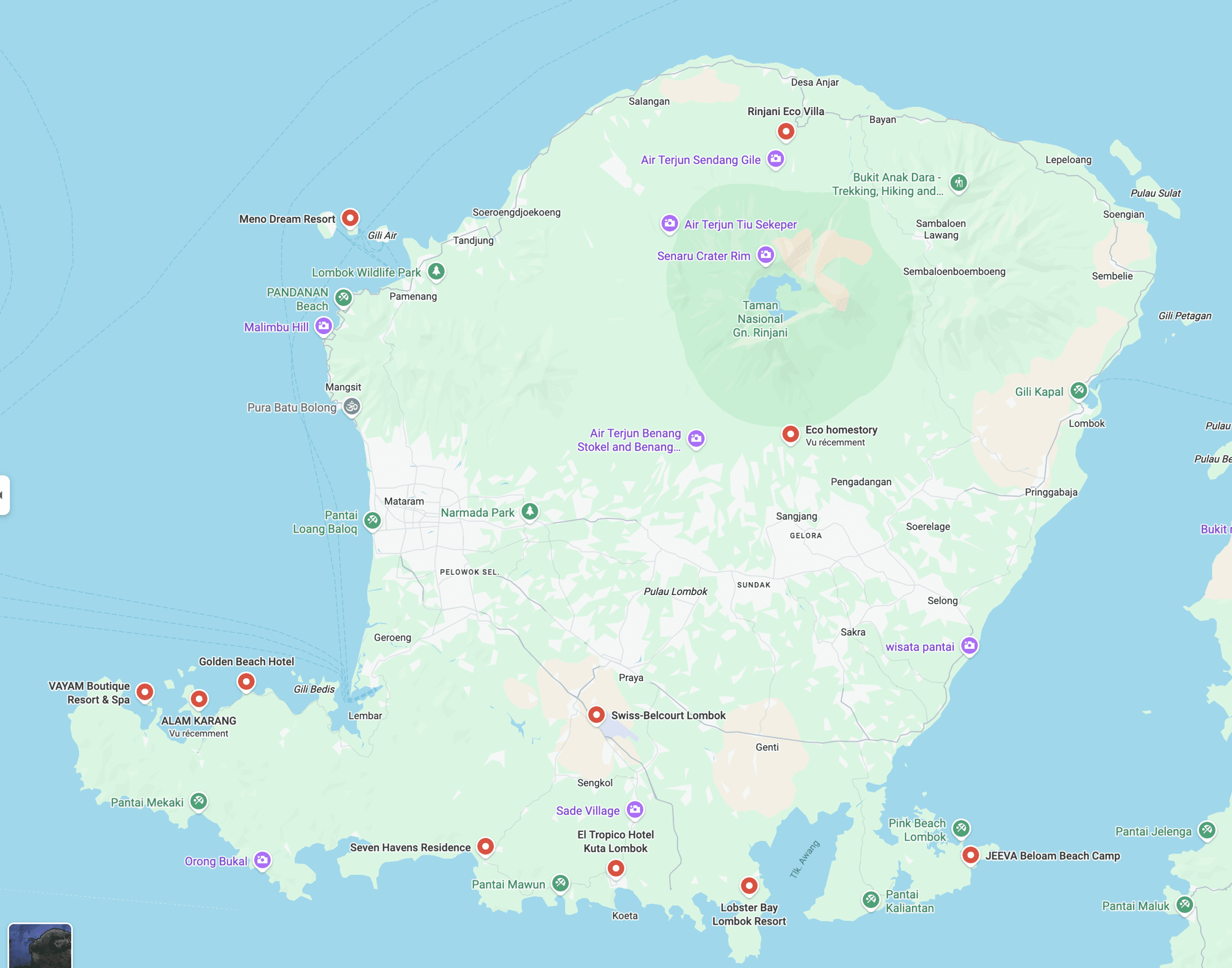 Carte de Lombok avec notre itinéraire de road trip et les hôtels marqués étape par étape.